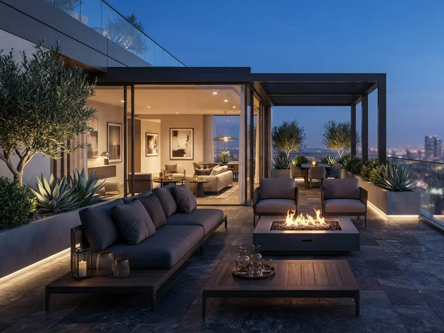 Glass railing on a rooftop terrace of a commercial building